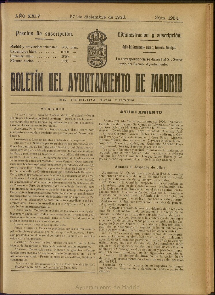 Miniatura de Boletín Oficial del Ayuntamiento de Madrid del 27 de diciembre de 1920, nº 1252