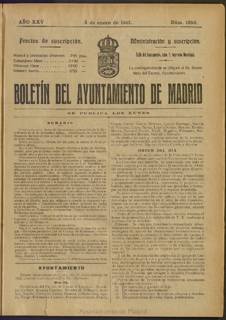 Miniatura de Boletín Oficial del Ayuntamiento de Madrid del 3 de enero de 1921, nº 1253