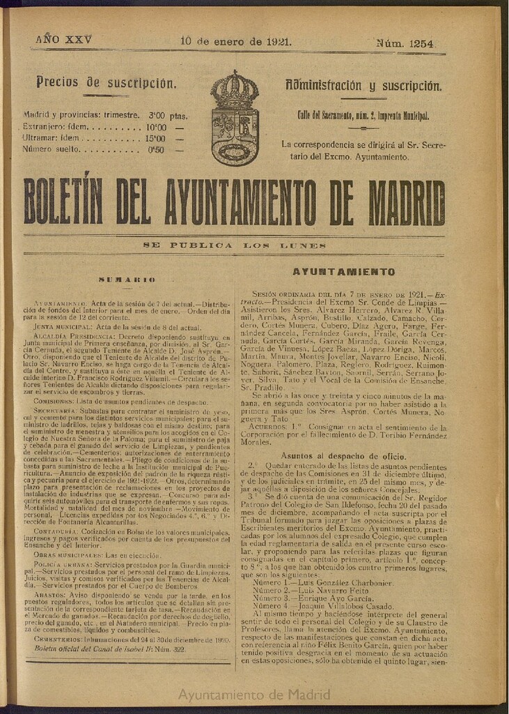 Miniatura de Boletín Oficial del Ayuntamiento de Madrid del 10 de enero de 1921, nº 1254