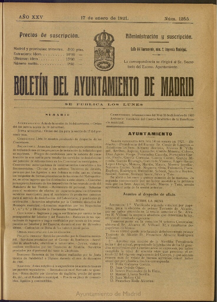 Miniatura de Boletín Oficial del Ayuntamiento de Madrid del 17 de enero de 1921, nº 1255