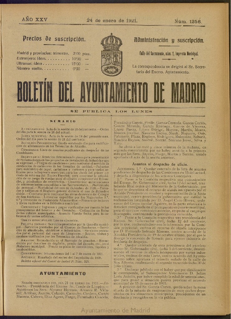 Miniatura de Boletín Oficial del Ayuntamiento de Madrid del 24 de enero de 1921, nº 1256