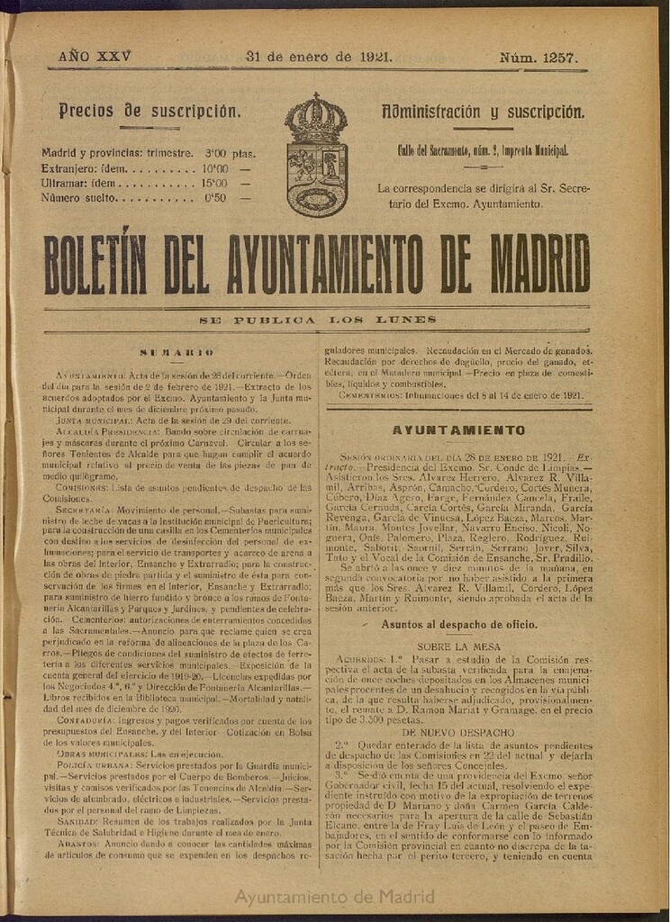 Miniatura de Boletín Oficial del Ayuntamiento de Madrid del 31 de enero de 1921, nº 1257