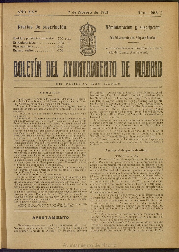 Miniatura de Boletín Oficial del Ayuntamiento de Madrid del 7 de febrero de 1921, nº 1258