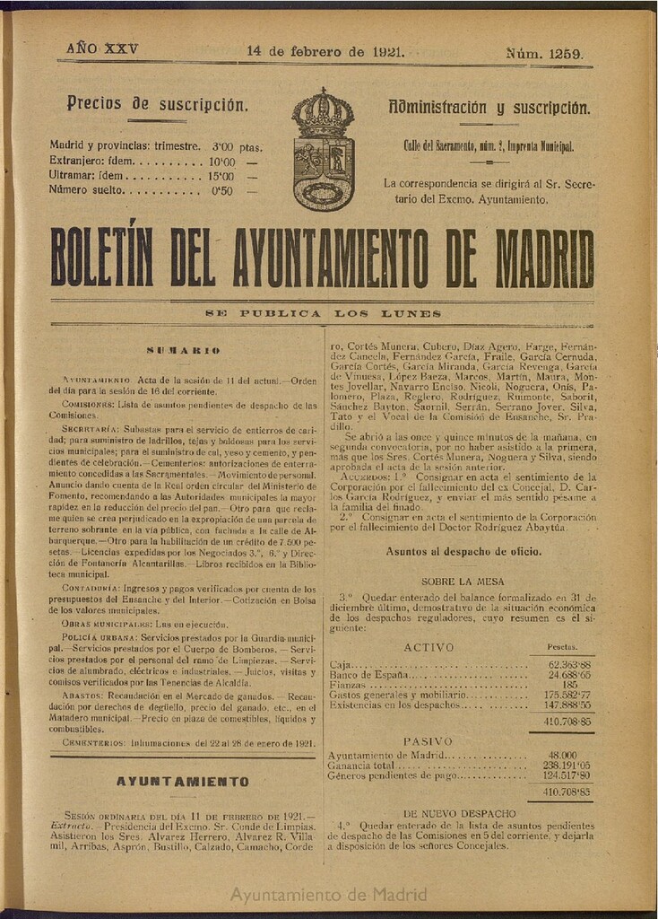Miniatura de Boletín Oficial del Ayuntamiento de Madrid del 14 de febrero de 1921, nº 1259