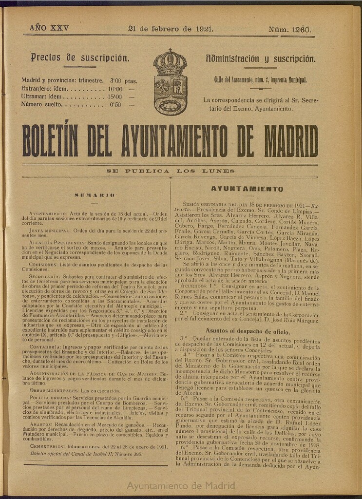 Miniatura de Boletín Oficial del Ayuntamiento de Madrid del 21 de febrero de 1921, nº 1260