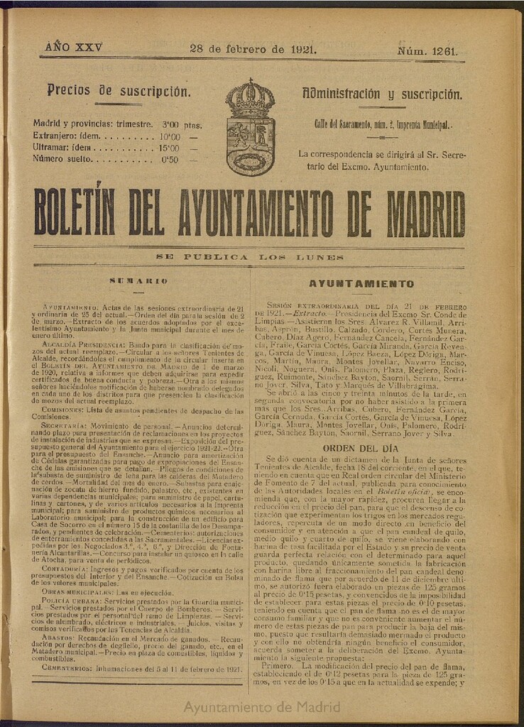 Miniatura de Boletín Oficial del Ayuntamiento de Madrid del 28 de febrero de 1921, nº 1261