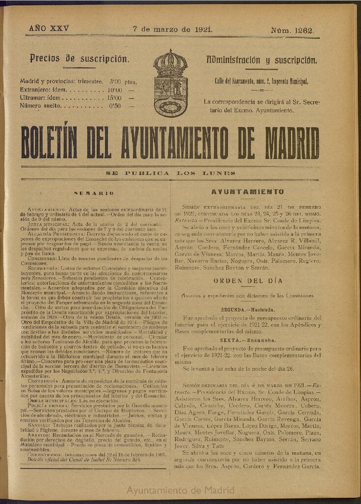 Miniatura de Boletín Oficial del Ayuntamiento de Madrid del 7 de marzo de 1921, nº 1262
