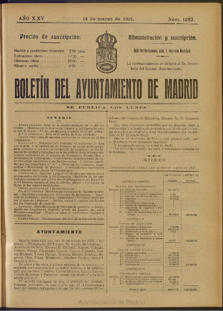Miniatura de Boletín Oficial del Ayuntamiento de Madrid del 14 de marzo de 1921, nº 1263