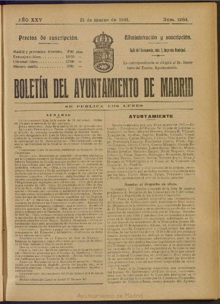Miniatura de Boletín Oficial del Ayuntamiento de Madrid del 21 de marzo de 1921, nº 1264
