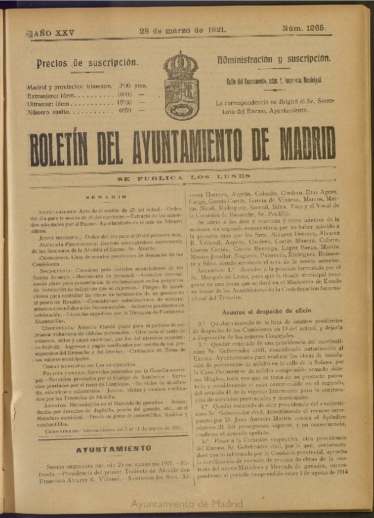 Miniatura de Boletín Oficial del Ayuntamiento de Madrid del 28 de marzo de 1921, nº 1265