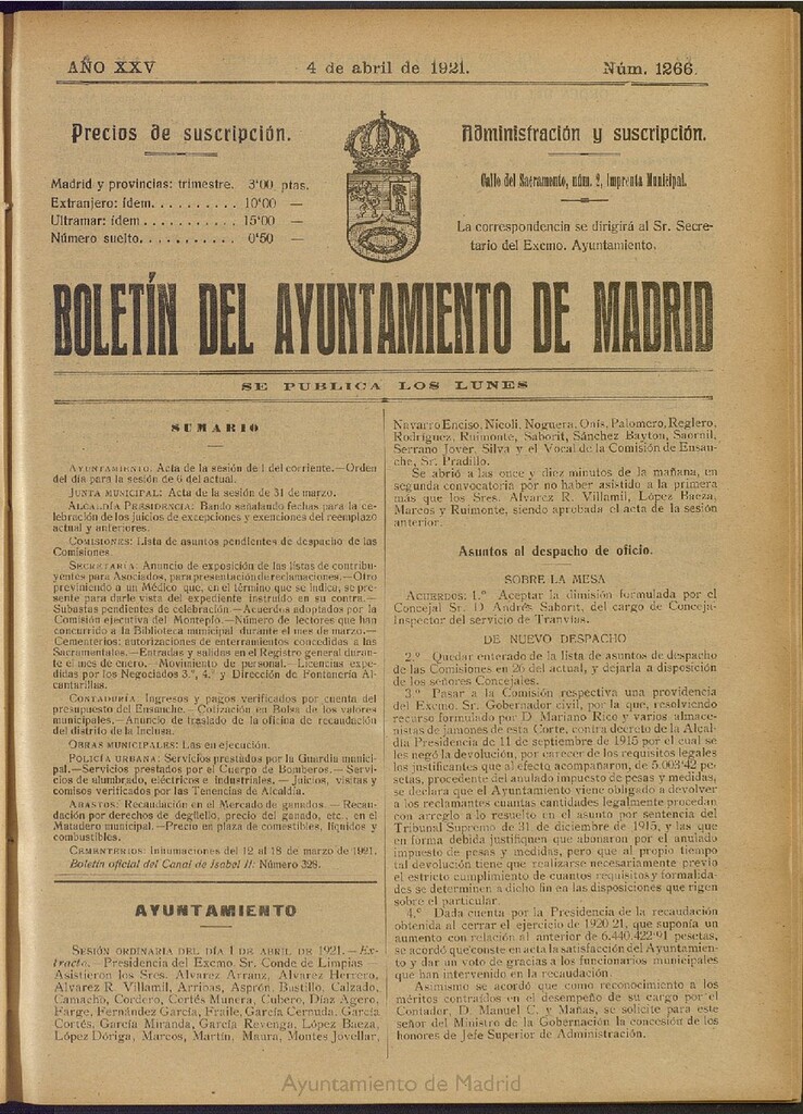 Miniatura de Boletín Oficial del Ayuntamiento de Madrid del 4 de abril de 1921, nº 1266