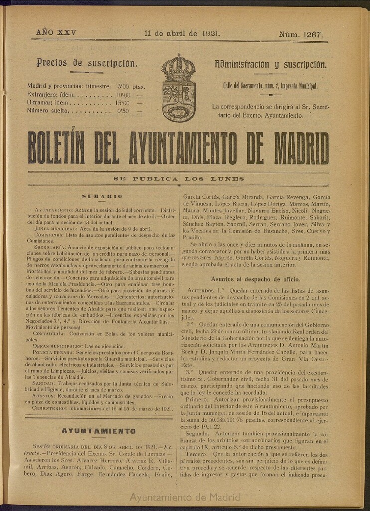 Miniatura de Boletín Oficial del Ayuntamiento de Madrid del 11 de abril de 1921, nº 1267