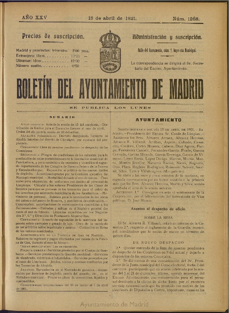 Miniatura de Boletín Oficial del Ayuntamiento de Madrid del 18 de abril de 1921, nº 1268