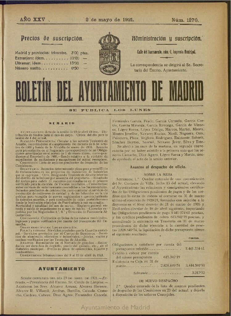 Miniatura de Boletín Oficial del Ayuntamiento de Madrid del 2 de mayo de 1921, nº 1270