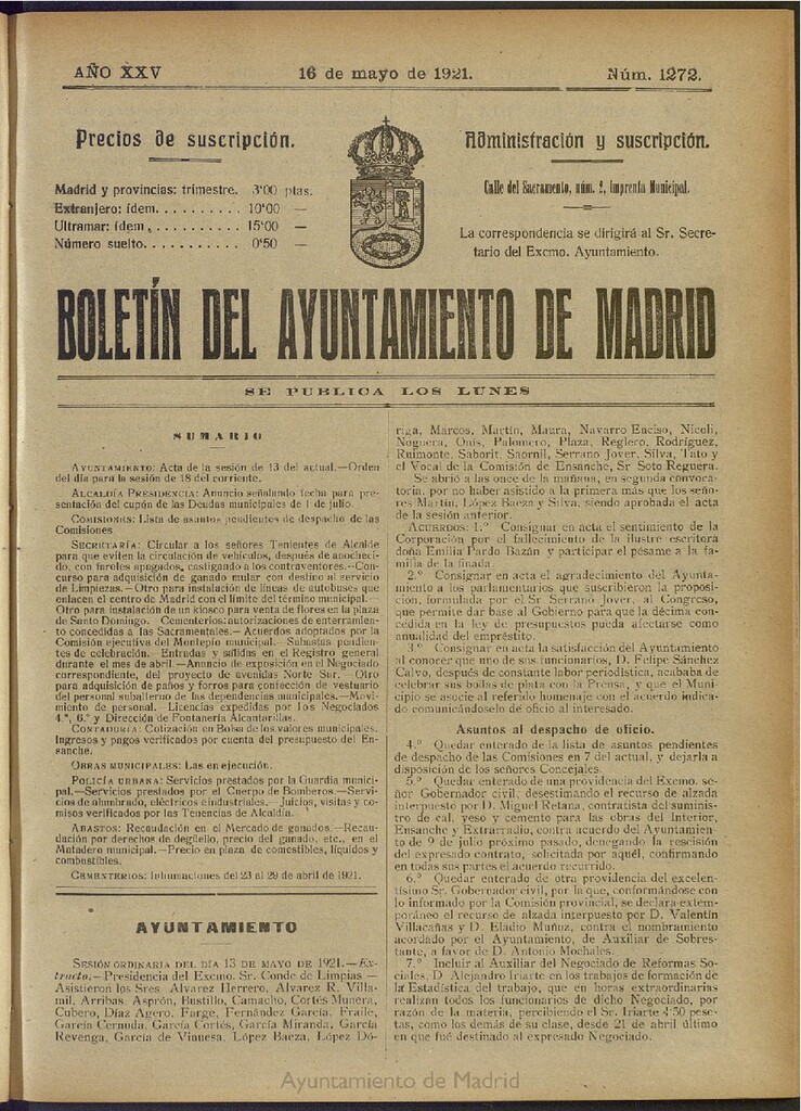 Miniatura de Boletín Oficial del Ayuntamiento de Madrid del 16 de mayo de 1921, nº 1272