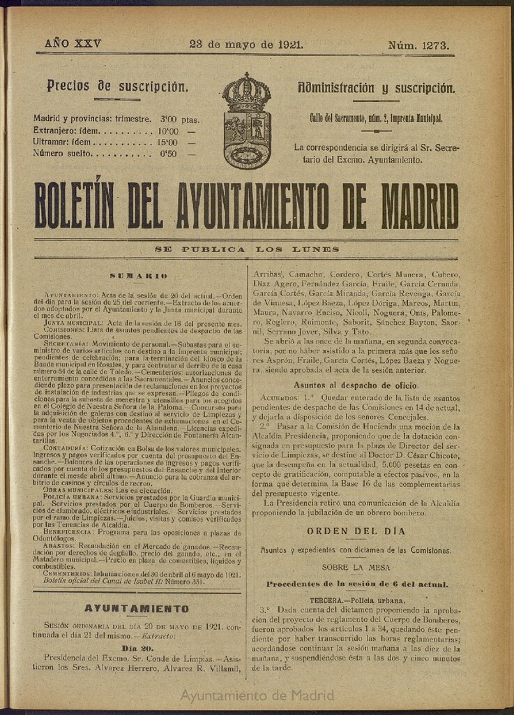 Miniatura de Boletín Oficial del Ayuntamiento de Madrid del 23 de mayo de 1921, nº 1273