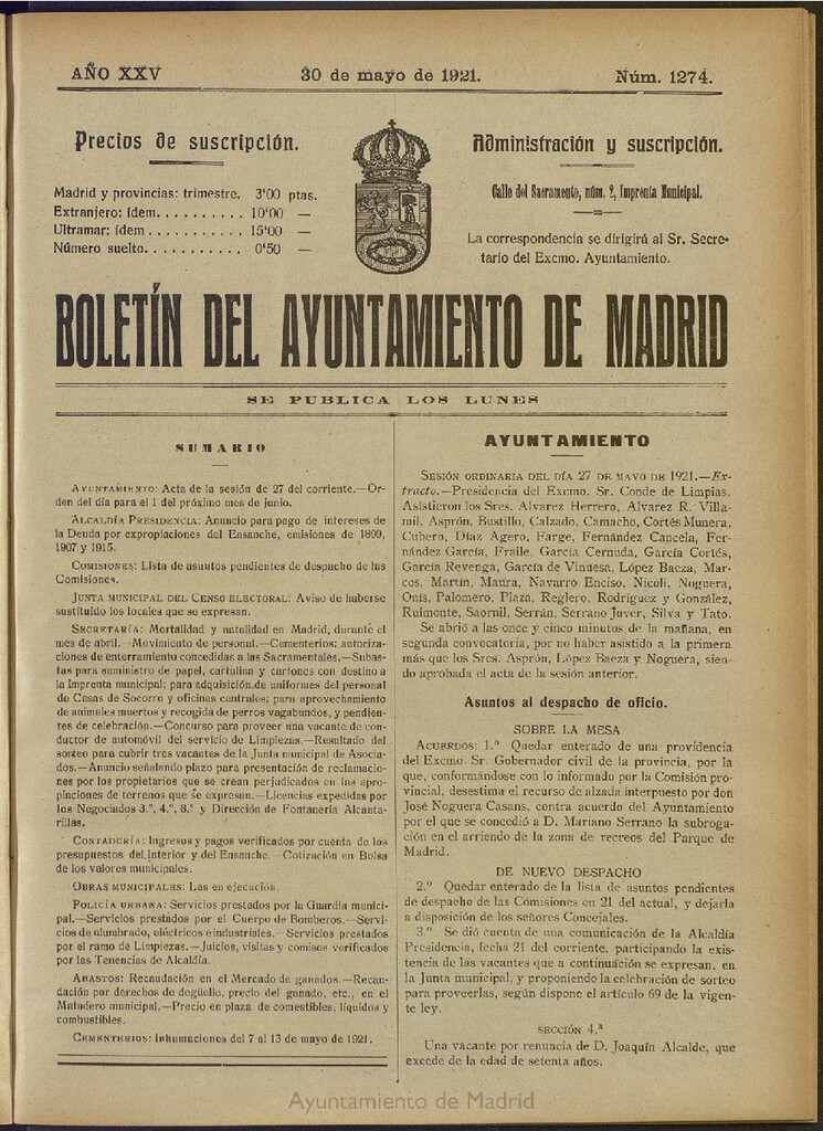 Miniatura de Boletín Oficial del Ayuntamiento de Madrid del 30 de mayo de 1921, nº 1274