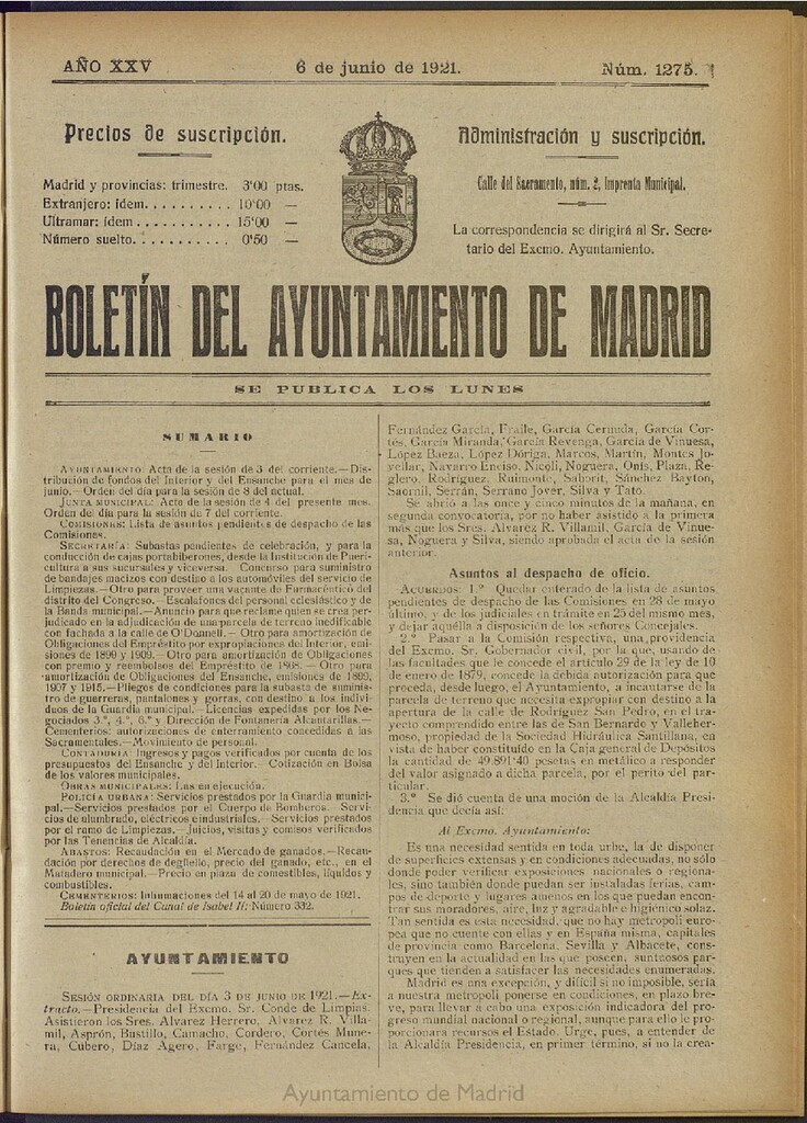 Miniatura de Boletín Oficial del Ayuntamiento de Madrid del 6 de junio de 1921, nº 1275
