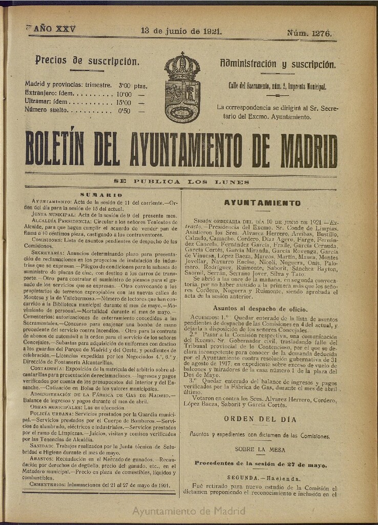 Miniatura de Boletín Oficial del Ayuntamiento de Madrid del 13 de junio de 1921, nº 1276