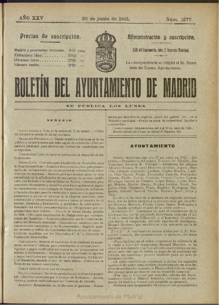 Miniatura de Boletín Oficial del Ayuntamiento de Madrid del 20 de junio de 1921, nº 1277