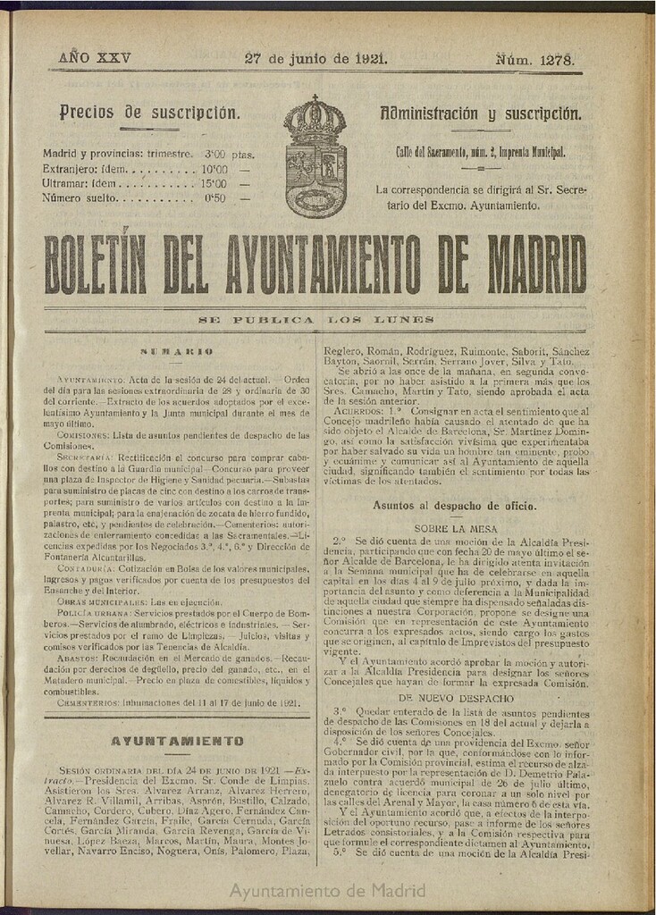 Miniatura de Boletín Oficial del Ayuntamiento de Madrid del 27 de junio de 1921, nº 1278