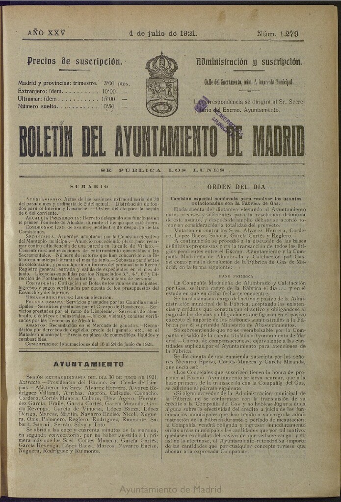 Miniatura de Boletín Oficial del Ayuntamiento de Madrid del 4 de julio de 1921, nº 1279