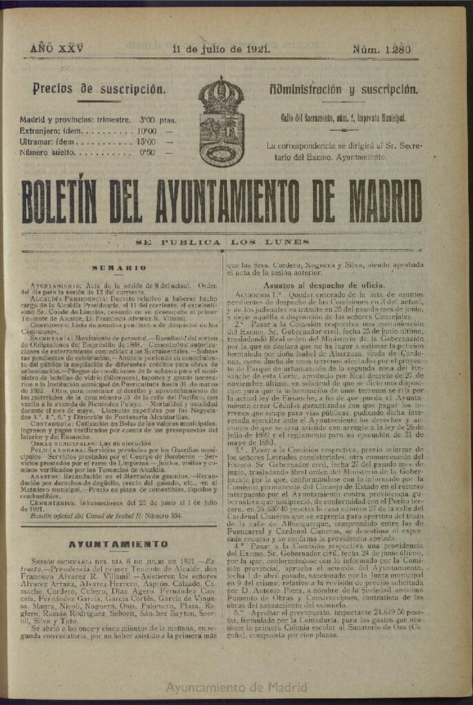 Miniatura de Boletín Oficial del Ayuntamiento de Madrid del 11 de julio de 1921, nº 1280