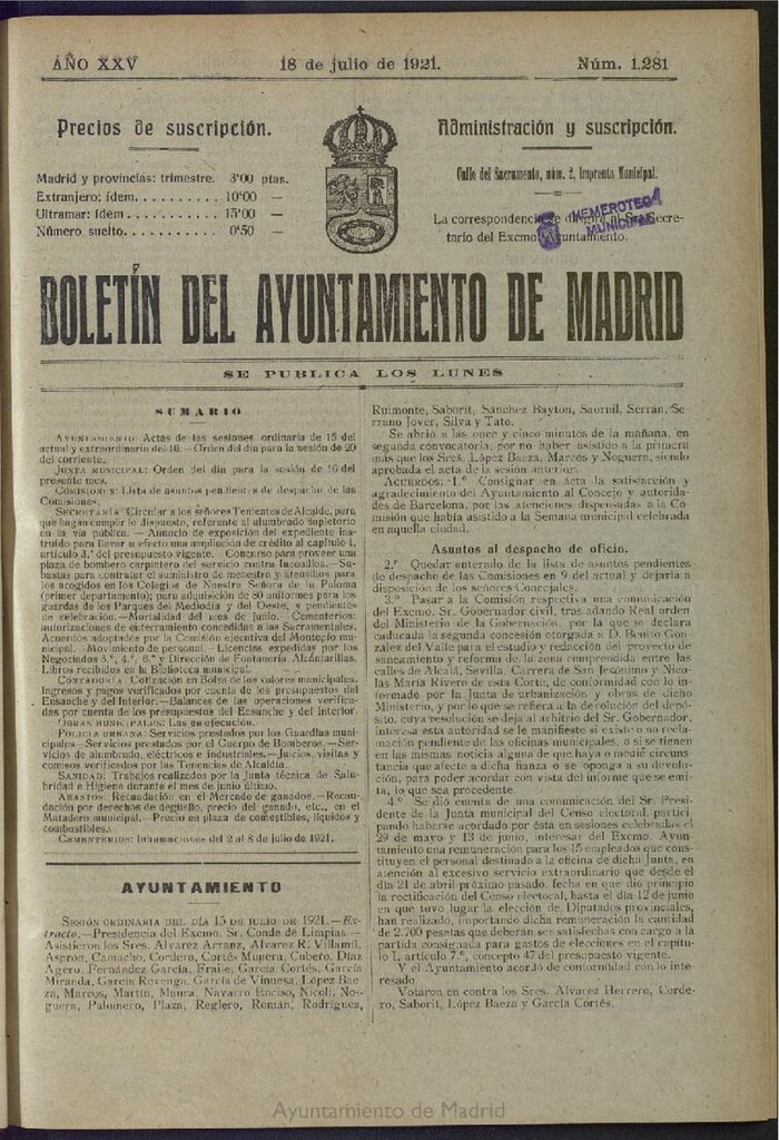 Miniatura de Boletín Oficial del Ayuntamiento de Madrid del 18 de julio de 1921, nº 1281
