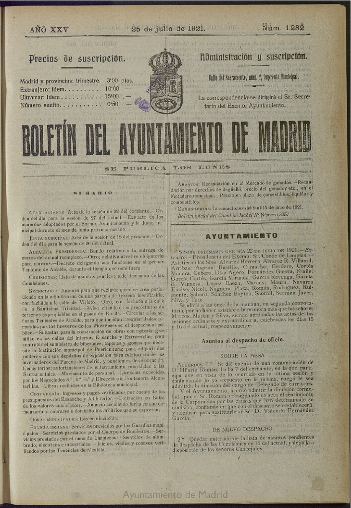 Miniatura de Boletín Oficial del Ayuntamiento de Madrid del 25 de julio de 1921, nº 1282