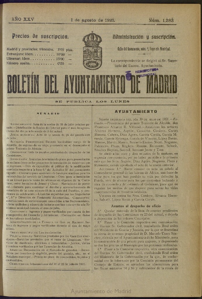 Miniatura de Boletín Oficial del Ayuntamiento de Madrid del 1 de agosto de 1921, nº 1283