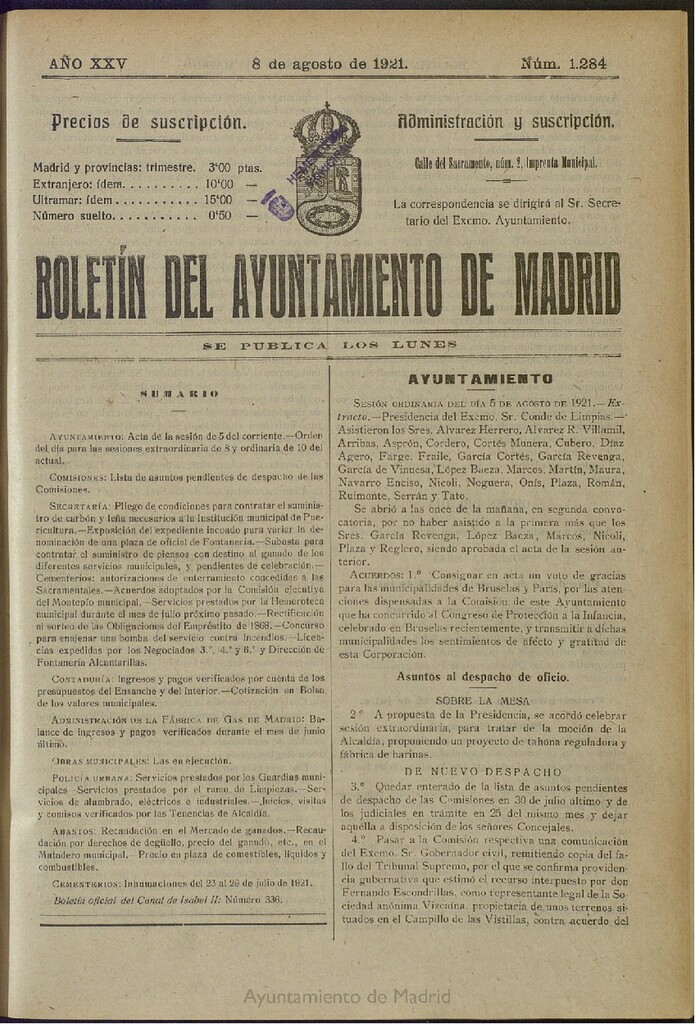 Miniatura de Boletín Oficial del Ayuntamiento de Madrid del 8 de agosto de 1921, nº 1284