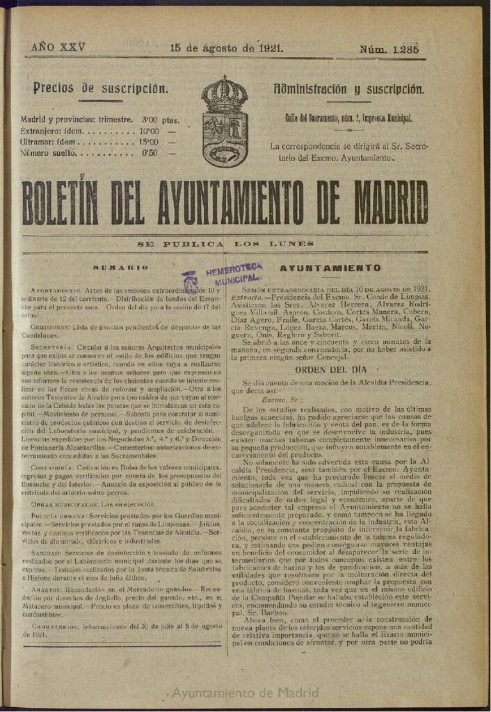 Miniatura de Boletín Oficial del Ayuntamiento de Madrid del 15 de agosto de 1921, nº 1285