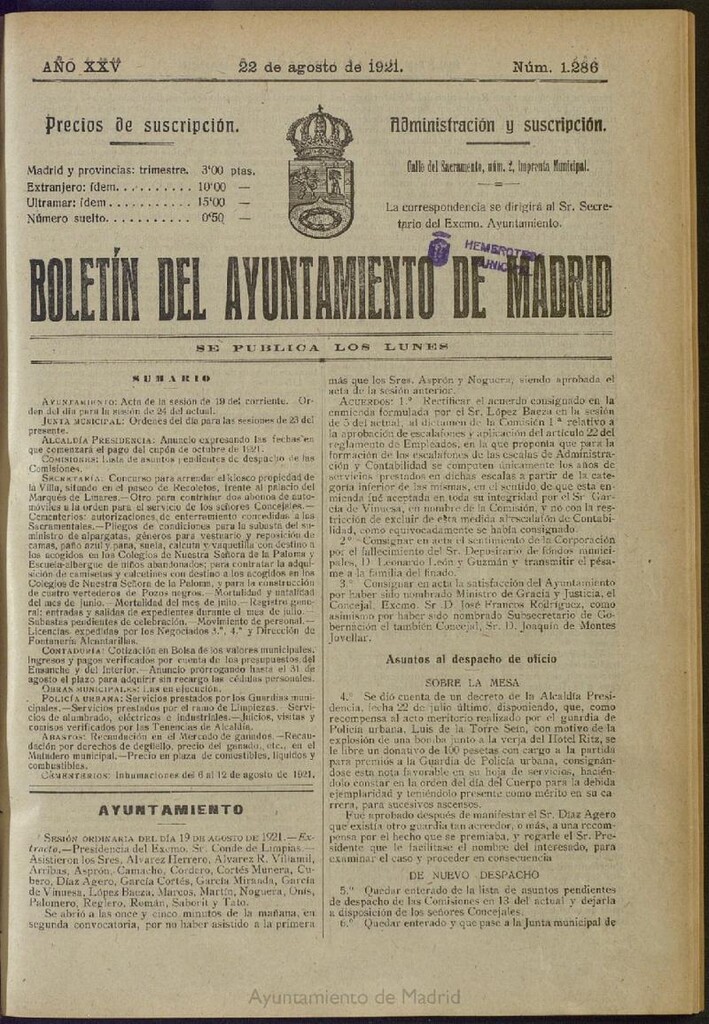 Miniatura de Boletín Oficial del Ayuntamiento de Madrid del 22 de agosto de 1921, nº 1286