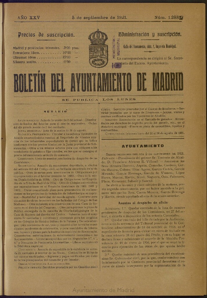 Miniatura de Boletín Oficial del Ayuntamiento de Madrid del 5 de septiembre de 1921, nº 1288