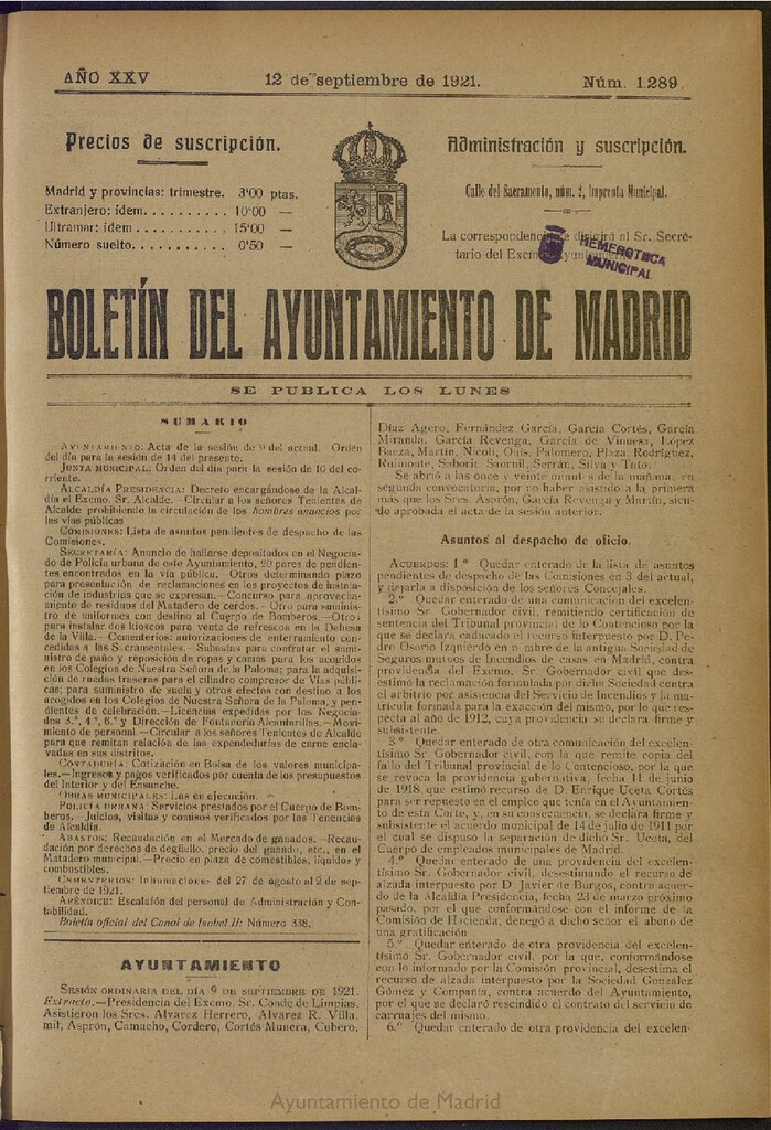 Miniatura de Boletín Oficial del Ayuntamiento de Madrid del 12 de septiembre de 1921, nº 1289