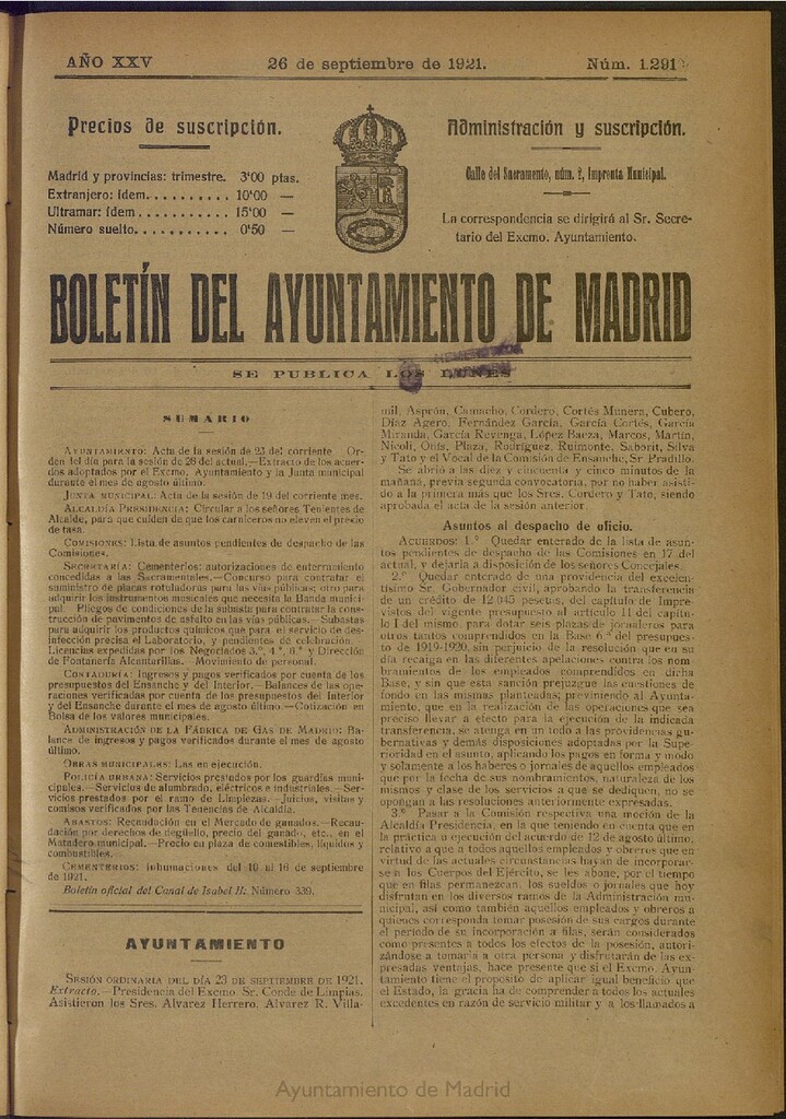 Miniatura de Boletín Oficial del Ayuntamiento de Madrid del 26 de septiembre de 1921, nº 1291