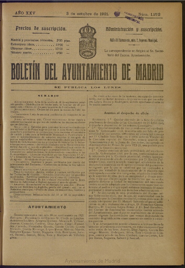 Miniatura de Boletín Oficial del Ayuntamiento de Madrid del 3 de octubre de 1921, nº 1292
