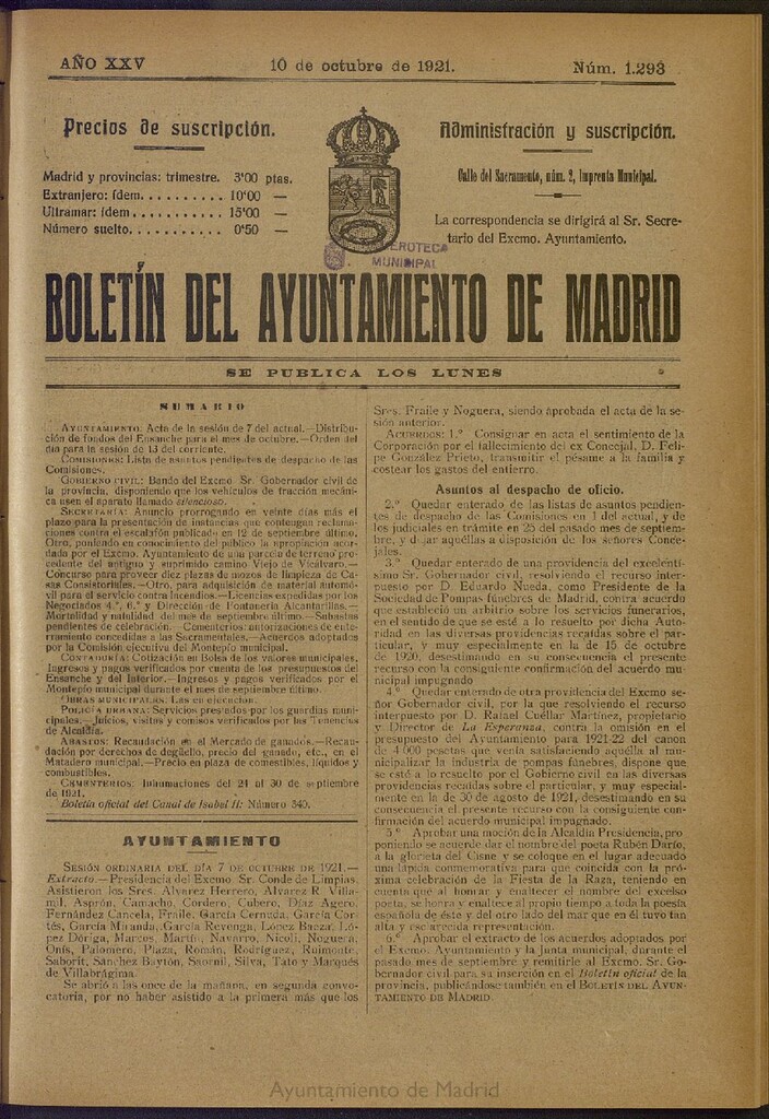 Miniatura de Boletín Oficial del Ayuntamiento de Madrid del 10 de octubre de 1921, nº 1293
