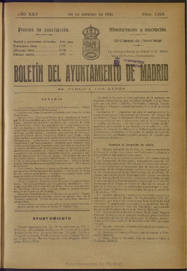 Miniatura de Boletín Oficial del Ayuntamiento de Madrid del 24 de octubre de 1921, nº 1295