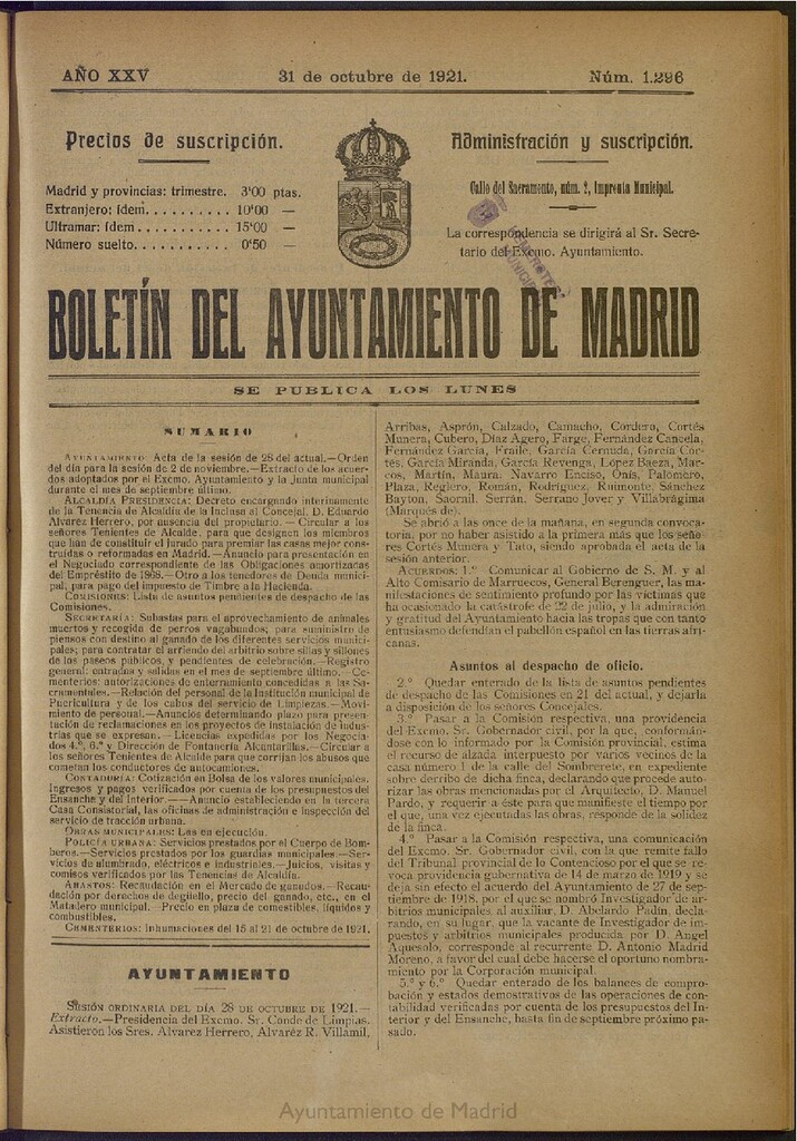 Miniatura de Boletín Oficial del Ayuntamiento de Madrid del 31 de octubre de 1921, nº 1296