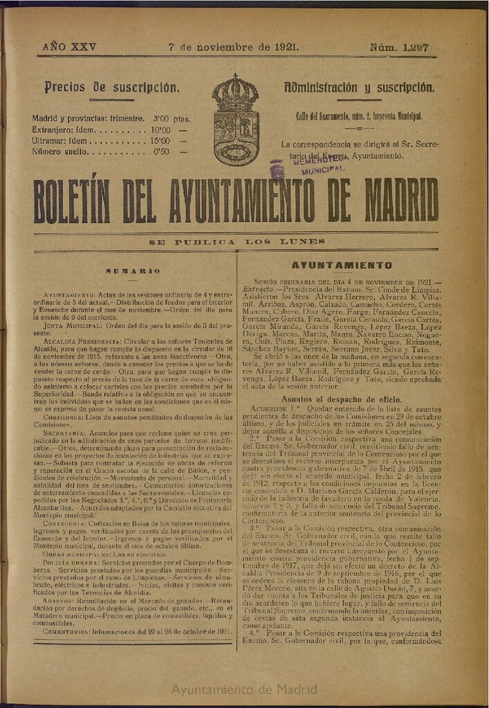 Miniatura de Boletín Oficial del Ayuntamiento de Madrid del 7 de noviembre de 1921, nº 1297