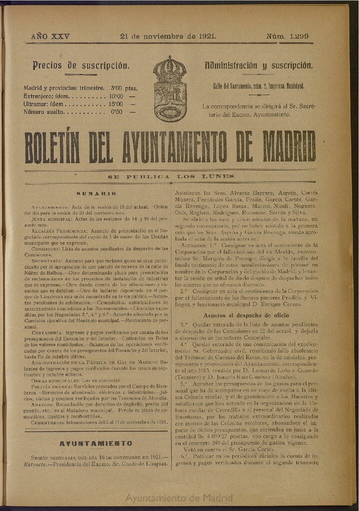 Miniatura de Boletín Oficial del Ayuntamiento de Madrid del 21 de noviembre de 1921, nº 1299