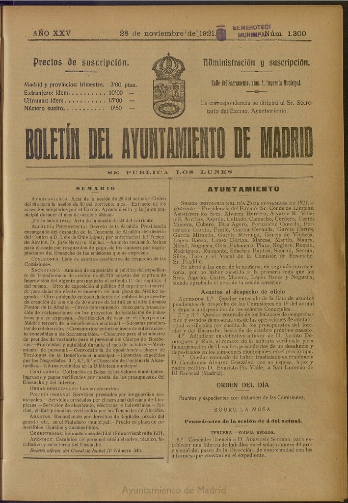 Miniatura de Boletín Oficial del Ayuntamiento de Madrid del 28 de noviembre de 1921, nº 1300