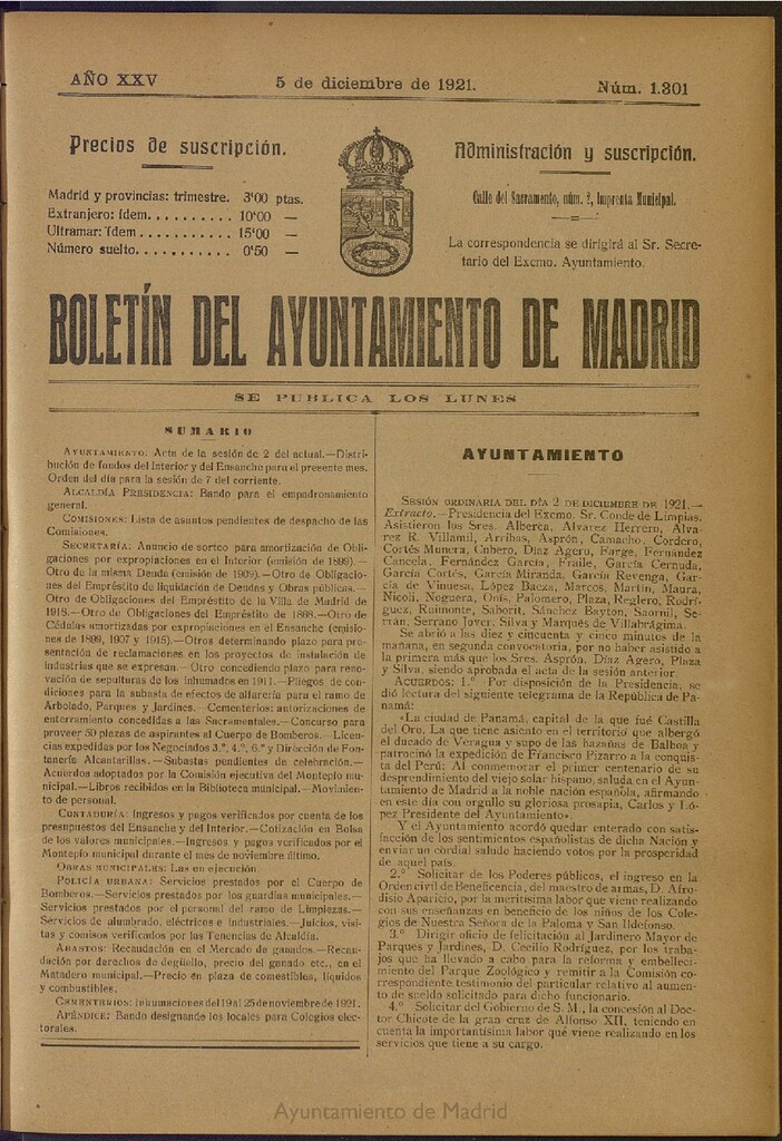Miniatura de Boletín Oficial del Ayuntamiento de Madrid del 5 de diciembre de 1921, nº 1301