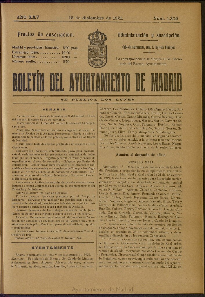 Miniatura de Boletín Oficial del Ayuntamiento de Madrid del 12 de diciembre de 1921, nº 1302