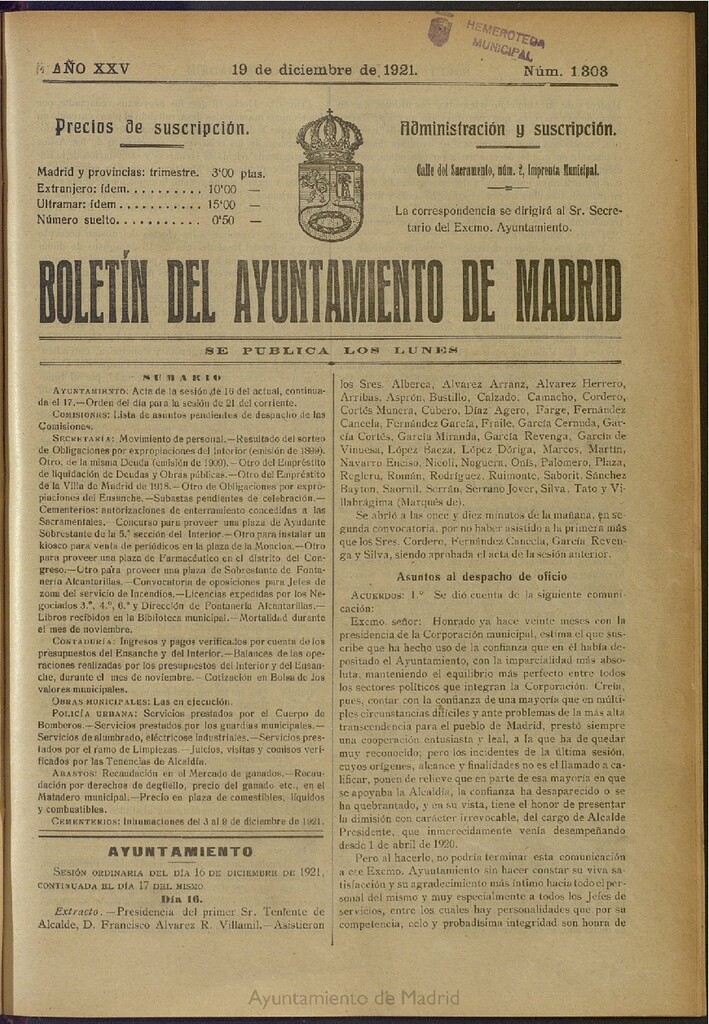 Miniatura de Boletín Oficial del Ayuntamiento de Madrid del 19 de diciembre de 1921, nº 1303