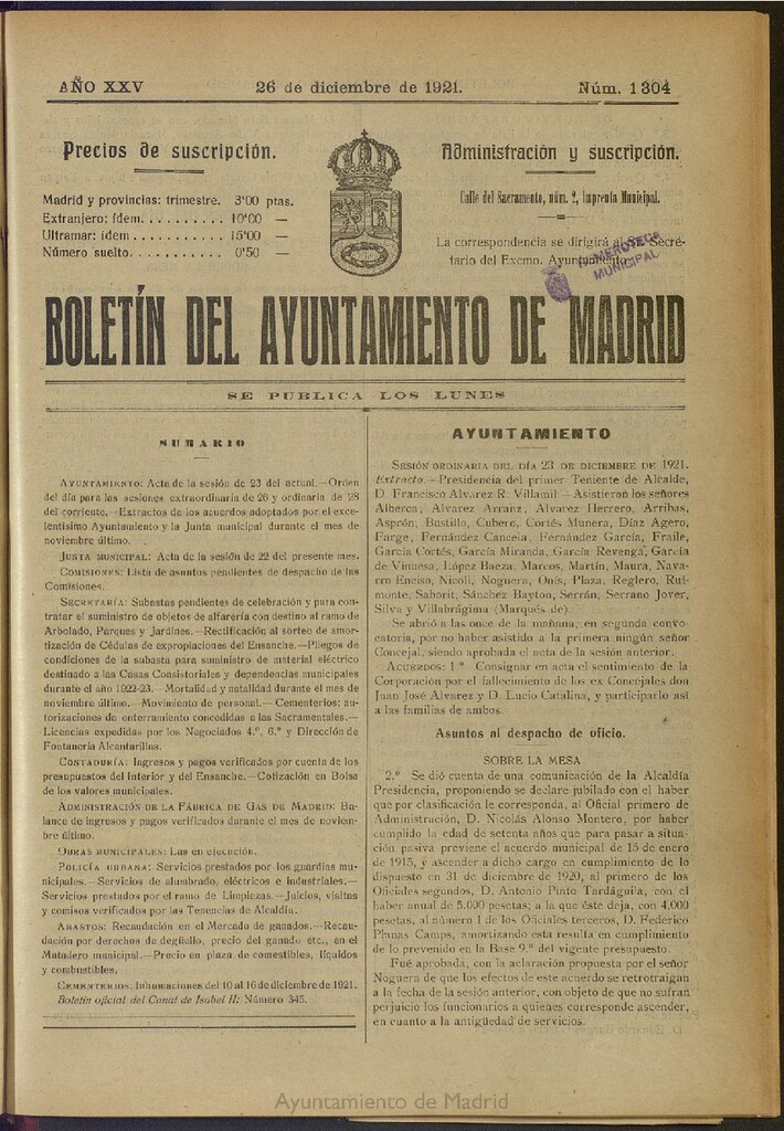 Miniatura de Boletín Oficial del Ayuntamiento de Madrid del 26 de diciembre de 1921, nº 1304
