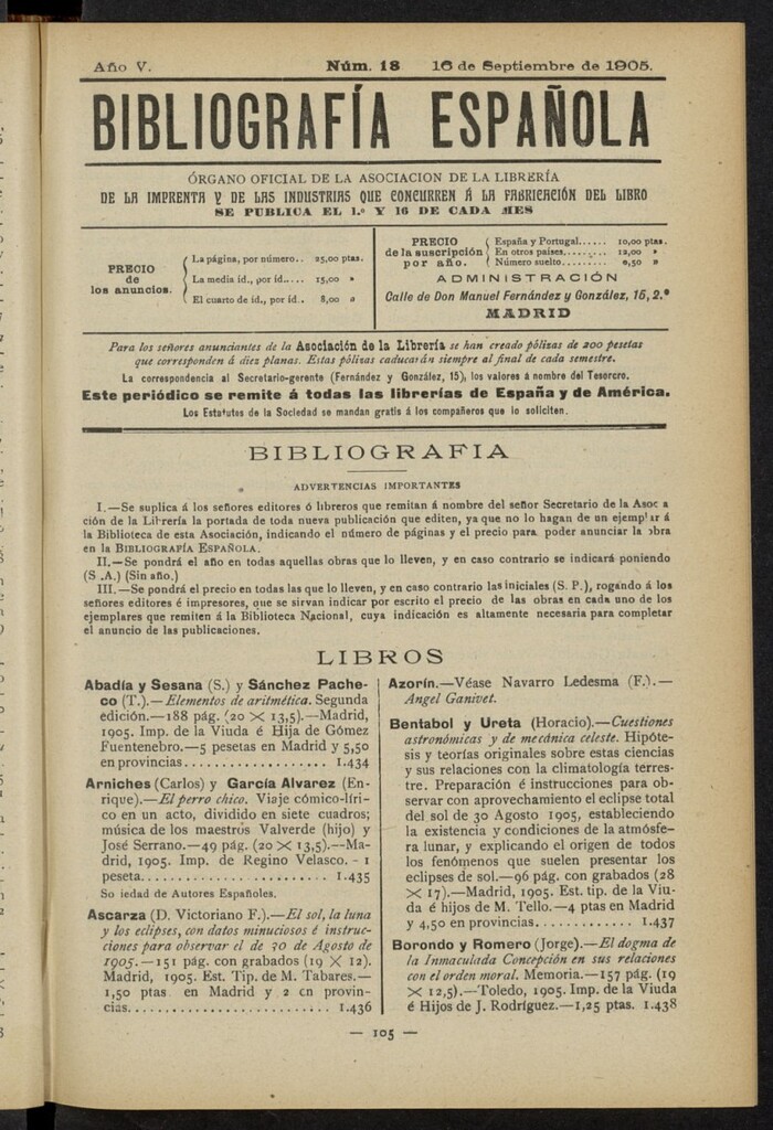 Miniatura de Bibliografía Española del 16 de septiembre de 1905