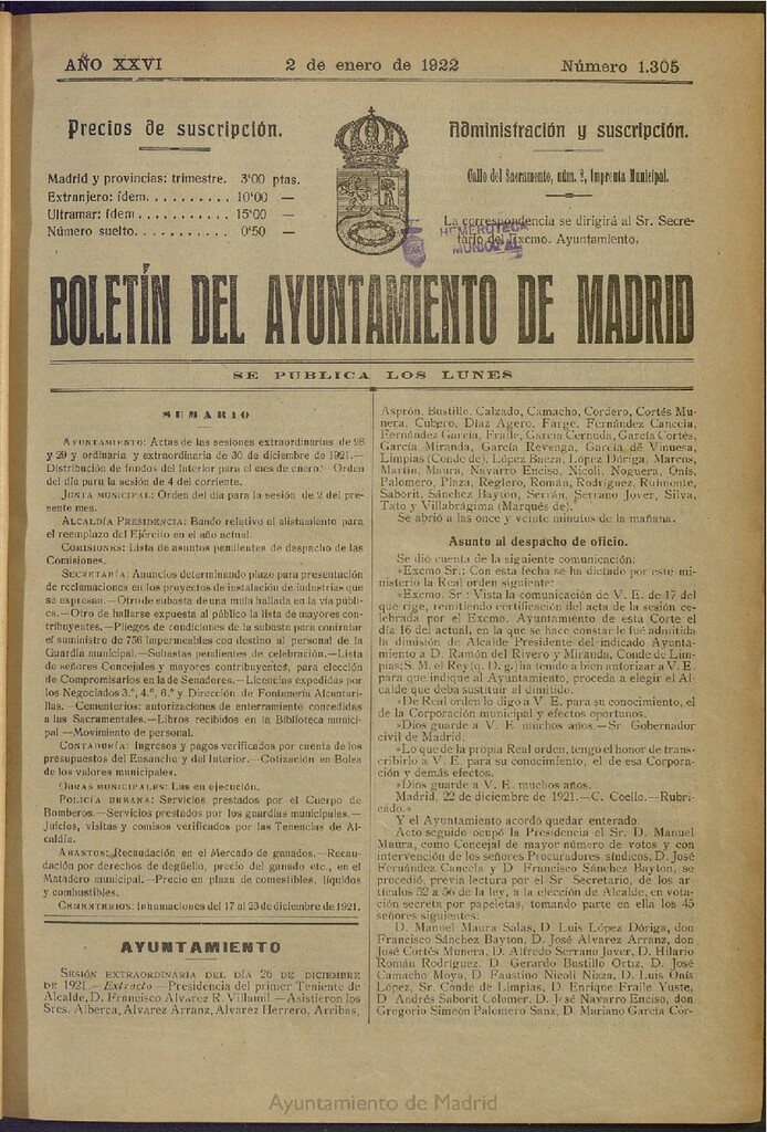 Miniatura de Boletín Oficial del Ayuntamiento de Madrid del 2 de enero de 1922, nº 1305