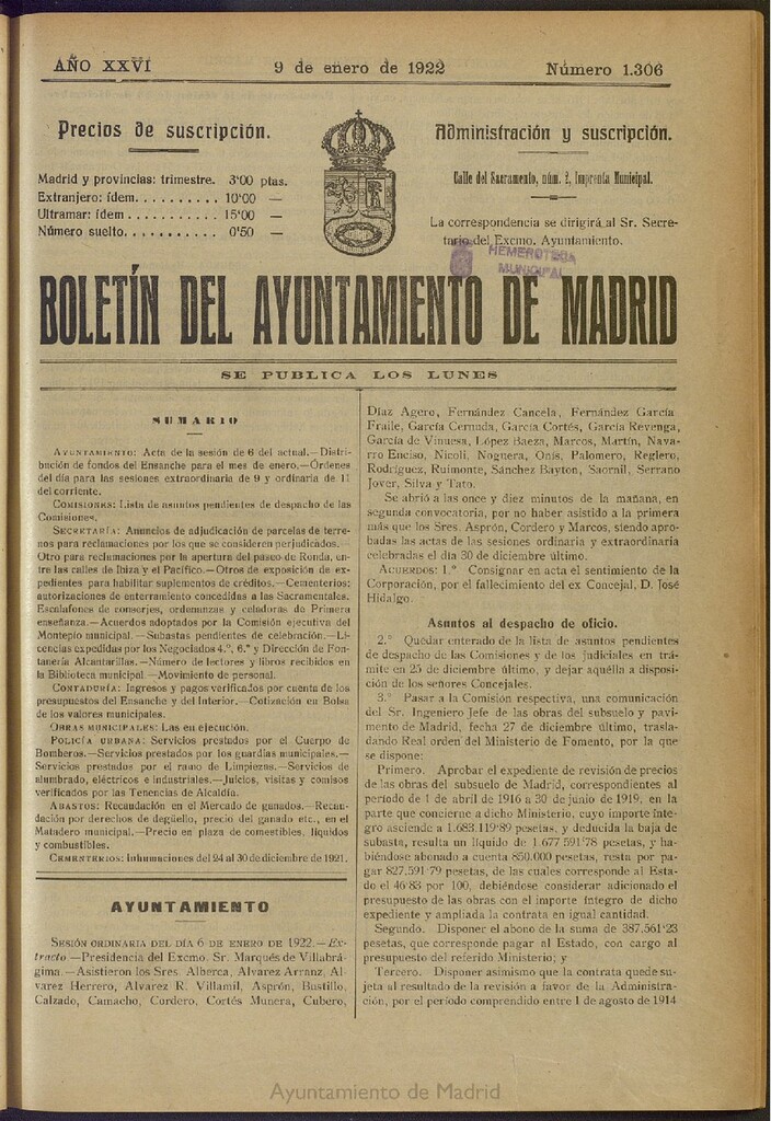 Miniatura de Boletín Oficial del Ayuntamiento de Madrid del 9 de enero de 1922, nº 1306